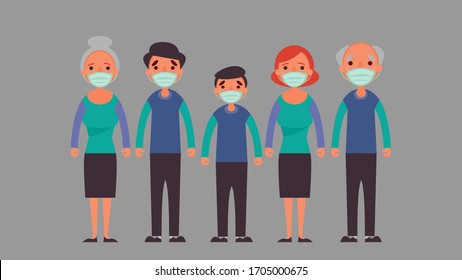 ฺBig Family wearing protective medical mask Reduce the risk infection  and disease concept crisis situation that we’re all experiencing around the world due to the coronavirus Coronavirus 2019-ncov.
