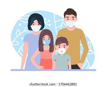 family wearing protective Medical mask for prevent corona virus Covid-19. Son and daughter, Mother and father wearing a surgical mask . Parents and children concept vector illustration cartoon flat