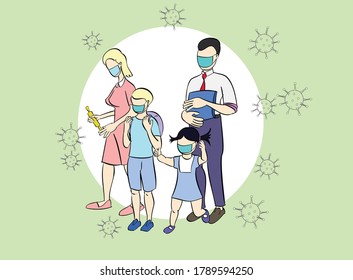 Family wearing protective Medical mask for prevent virus Wuhan Covid-19. Health Protection, Healthcare, Covid, Respiratory, Safety, Protection, Outbreak. Dad Mom Daughter Son wearing a surgical mask.