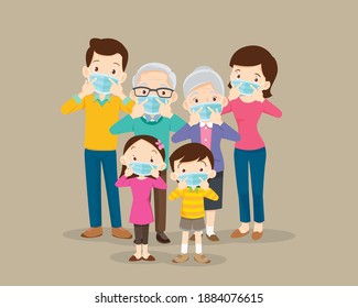 family wearing protective Medical mask for prevent virus,Grandmother Grandmother Dad Mom Daughter Son wearing and pointing to surgical mask.