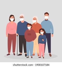 Familia usando Máscara Médica Protectora para prevenir el virus Covid 19 o la contaminación del aire. Personas mayores junto con niños, madres y padres con hijos. Ilustración plana vectorial aislada en blanco.