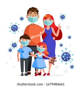 Family wearing protective medical masks to prevention from coronavirus Covid-19. Mother, father, son and daughter in masks concept characters and viruses around, flat illustration, healthcare topic.