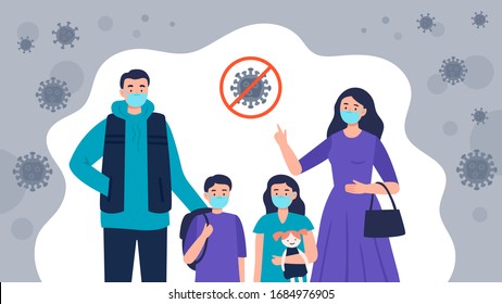 Family wearing protective medical masks to prevent virus Covid-19. Mom told kids how to protect a virus. Vector flat illustration.