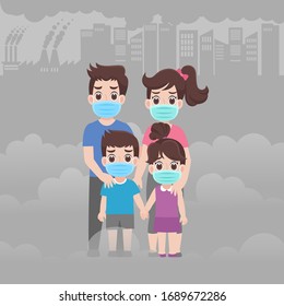 Family wearing protective a surgical mask for prevent virus Wuhan Covid-19.Corona virus, dust, PM 2.5, air pollution, Health care concept