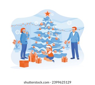 Family wearing Santa hats. Decorate the Christmas tree and prepare gifts together at home. Christmas Eve concept. Trend Modern vector flat illustration