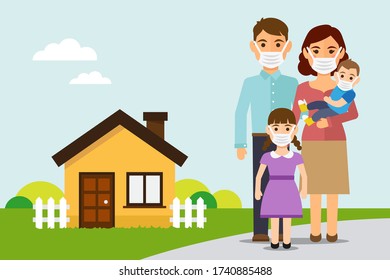 Family wearing a surgical mask to prevent virus Covid-19 out house. Vector illustration