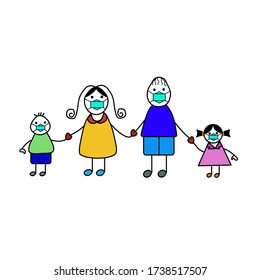 The family wearing the surgical mask to protect the coronavirus or Covid-19 and dust PM 2.5.Characters medical health care concept hygiene, virus protection vector illustration.
