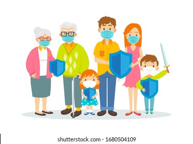 Family wearing surgical masks and holding protection shield isolated on white background, vector illustration