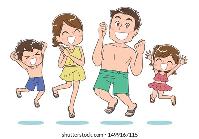 A family wearing a swimsuit jumps happily