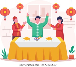 Family wearing Traditional Clothing for Reunion Dinner concept person eating Cny Foods vector design Chinese New Years Beginnings scene Zodiac Wood Snake 2025 banner China Spring Festival illustration