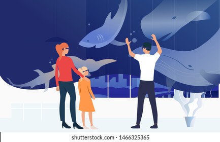 Family wearing VR glasses and watching underwater world. Gadget cyberspace technology concept. Vector illustration can be used for topics like virtual reality, underwater VR