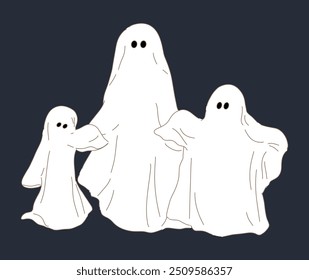 Family wearing  white sheet as ghost costume for Halloween party. Hand drawn flat cartoon character vector illustration.