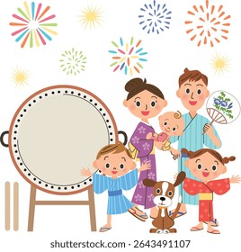 Uma família usando yukata em pé na frente de um grande tambor