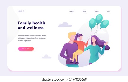 Family web banner concept design. Happy parent and child. Healthy lifestyle. Responsive web design. Vector illustration in flat style