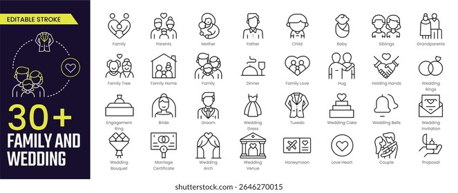 Family and Wedding Editable Stroke icon collections. Containing Family, Parents, Mother, Father, Child, Baby, Bride, Honeymoon and Ring icons. Editable Stroke icon collection Outline icon