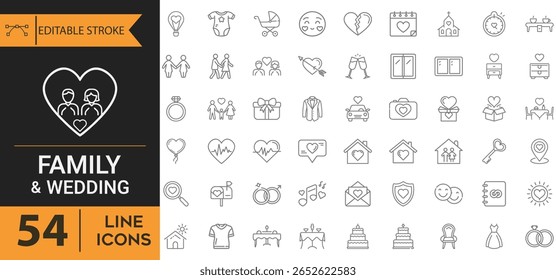 Family And Wedding Editable Stroke Icon Set Related Marriage, Party, Love, Rings, Wedding Car, Church, Ceremony, Photo, Dinner, Bouquet, Tuxedo, Dress And More Vector Illustration