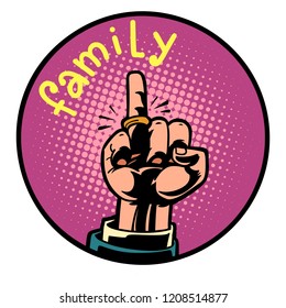 family wedding groom ring on the finger icon symbol circle emblem. Comic cartoon pop art retro vector illustration drawing