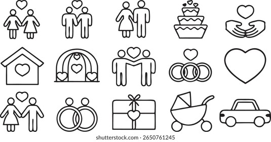 family and wedding icon set, 30 editable black outline symbols, couple, love, rings, home celebration in minimal grid layout