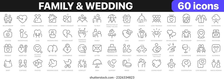 Family and wedding line icons collection. Relationship, church, home, conflict icons. UI icon set. Thin outline icons pack. Vector illustration EPS10