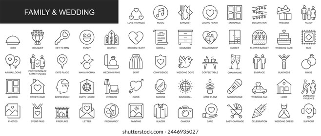 Family and wedding web icons set in thin line design. Pack of relationship, love triangle, banquet, church, flower bouquet, care, support, photos, other outline stroke pictograms. Vector illustration.