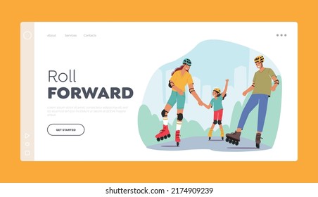 Family Weekend Activity Landing Page Template. Mother, Father and Little Daughter Walking at City Park or Street Skating Rollers, Summertime Leisure Vacation. Cartoon People Vector Illustration
