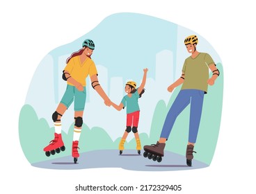 Actividad de fin de semana familiar, descanso, deporte. Madre, padre y hija pequeña caminando en el City Park o en patinaje callejero, vacaciones de verano. Ilustración de vectores de personas de caricatura