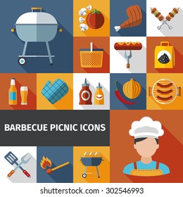 Family weekend barbeque picnic flat icons set with bbq grill and meat with beer abstract vector illustration