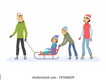 Family weekend - cartoon people characters illustration. Concept of winter outdoor activity, New Year, Christmas, weekend. Smiling mother and father with children go for a walk and sledge