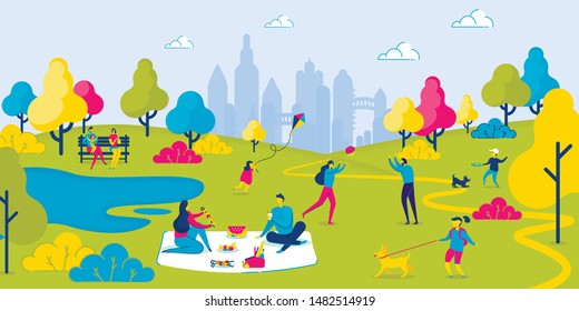 Family Weekend in City Park. People Have Picnic Outside. Parents Have Lunch. Daughter Playing Kite. Son Playing with Dog. People Play Ball. Summer Vacation. Nature and Landscape. Vector 