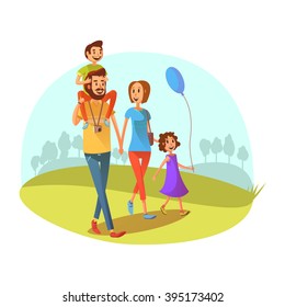 Family weekend concept with parents and children walking cartoon vector illustration 