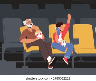 Family Weekend Entertaining, Grandfather and Grandson Characters Watching Movie at Cinema with Pop Corn and Cola. Grandpa with Boy Enjoying Film at Movie Theatre. Cartoon People Vector Illustration