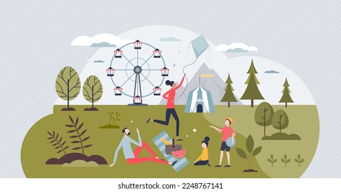 Family weekend entertainment as holidays outside together tiny person concept. Relaxation in park with picnic eating and paper kites playing vector illustration. Mother, father and kids relationship.