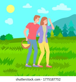 Family weekend happy smiling people together in the park cartoon vector illustration. Young family walking, rest at natureon the vacation. Couple woman and man carries a basket of picnic products