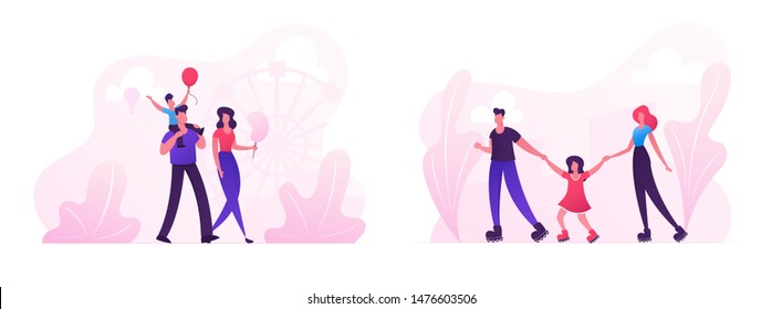 Family Weekend Leisure and Sport Spare Time. Mother, Father and Little Child Walking at City Street. Son Sitting on Father Shoulders, Roller Skating Activity in Park. Cartoon Flat Vector Illustration