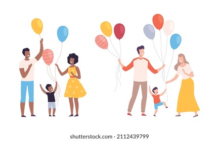 Family Weekend with Mother and Father Walking with Kids Holding Bunch of Colorful Balloons Vector Set