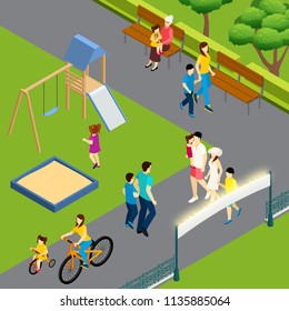 Family weekend outdoor isometric composition with walking by playground in city park with cycling kids vector illustration 