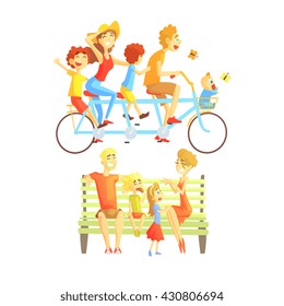 Family Weekend Outdoors Illustration Of Simple Stylized Flat Vector Drawings On White Background