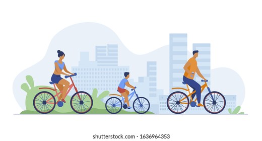 Family weekend outdoors. Man, woman, boy riding bikes in park. Parent couple cycling with son. Vector illustration for summer activity, leisure, recreation concept