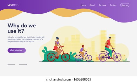 Family weekend outdoors. Man, woman, boy riding bikes in park. Parent couple cycling with son. Vector illustration for summer activity, leisure, recreation concept