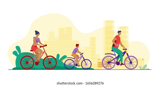 Family weekend outdoors. Man, woman, boy riding bikes in park. Parent couple cycling with son. Vector illustration for summer activity, leisure, recreation concept