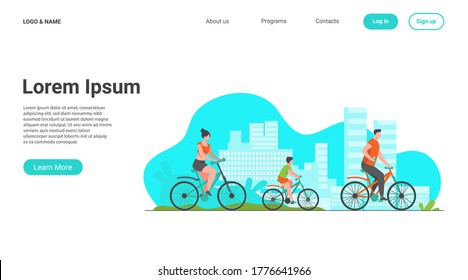 Family weekend outdoors. Man, woman, boy riding bikes in park. Parent couple cycling with son. Vector illustration for summer activity, leisure, recreation concept