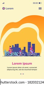 Family weekend outdoors. Man, woman, boy riding bikes in park. Parent couple cycling with son. Vector illustration for summer activity, leisure, recreation concept