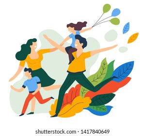 Family weekend parents and children mother father son and daughter vector mom running with child and dad carrying daughter with balloons bunch on shoulder holiday or leisure pastime love and care