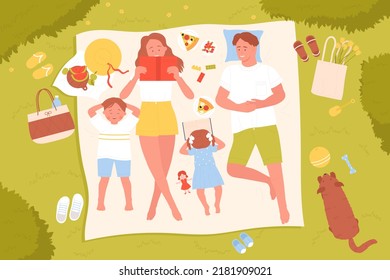 Family weekend picnic, top view vector illustration. Cartoon parents and kids lying on summer grass lawn, cute woman and baby girl read book outdoor, people eat pizza and watermelon background