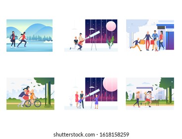 Family weekend set. Friends, parent, kids enjoying time together. Flat vector illustrations. Outdoor activities, unity, leisure time concept for banner, website design or landing web page