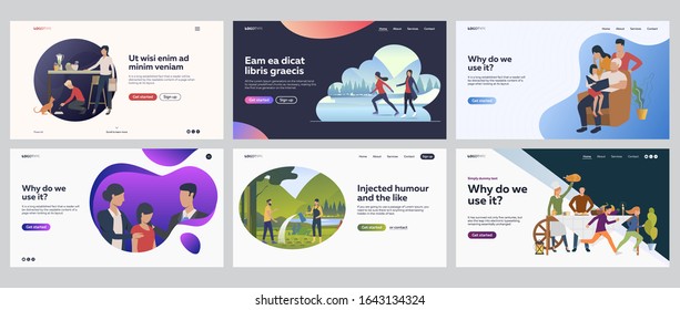 Family weekend set. Parents, children reading book at home, cooking dinner, hiking. Flat vector illustrations. Outdoor activities, childhood concept for banner, website design or landing web page