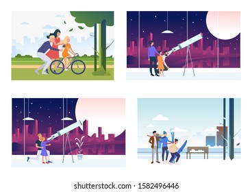 Family weekend set. Parents and kids looking at moon, relaxing in summer and winter parks. Flat vector illustrations. Family activity concept for banner, website design or landing webpage