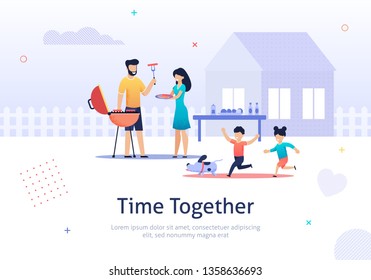 Family Weekend Together banner. Parents and Children have Barbecue Time Vector Illustration in Flat Style. Children Running with Dog. Father Grilling Sausages near House. Boy and Girl playing.