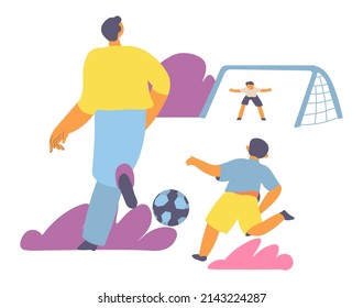 Family weekends or vacation, isolated father playing football with son and his friends. Dad participating in soccer game, bonding and relationship. Child and daddy outdoors, vector in flat style