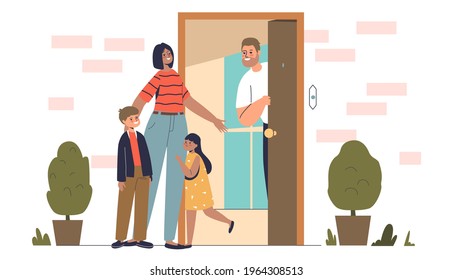 La familia da la bienvenida a la madre en casa. Niños felices y papá conociendo a mamá en la puerta principal después del trabajo. Amar a la familia juntos en el concepto de casa. Dibujo vectorial plano de dibujos animados